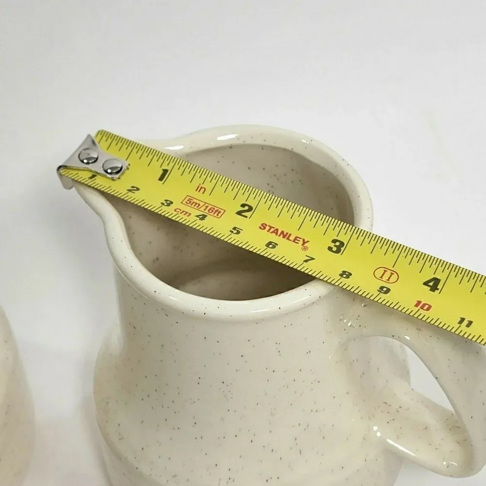 Set of 5 Vtg Speckled Stoneware Creamer, Sugar Bowl & Teacups‎ Raised Rings USA